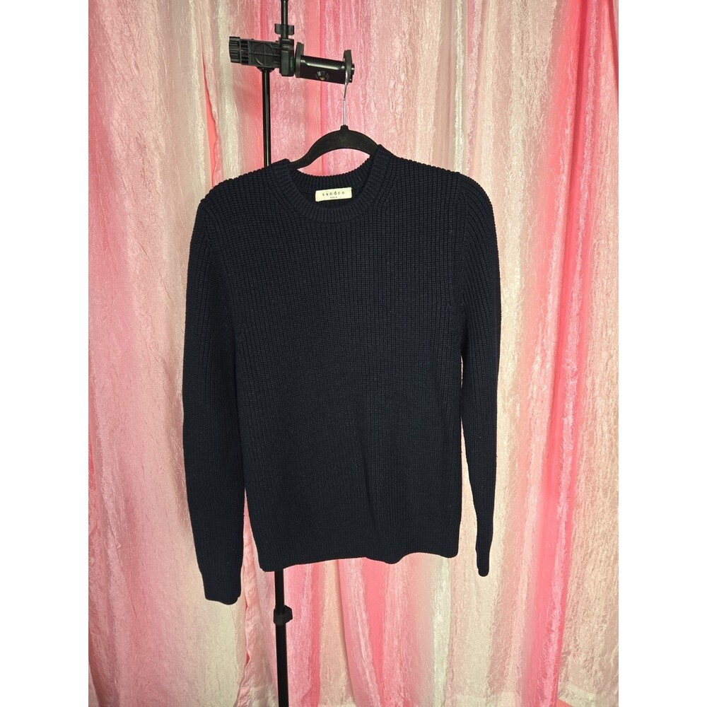 Sandro Paris Navy Blue Merino Wool Knit Sweater Size Small